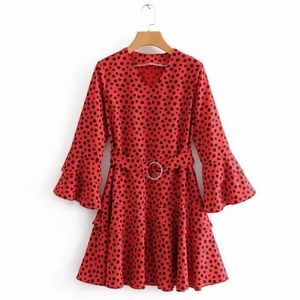Red Belted Polka Dot Dress with Bell Sleeves